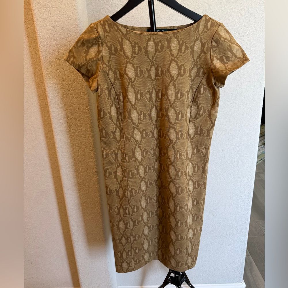 Ralph Lauren Gold Snake-Print Midi Sheath Dress XS
